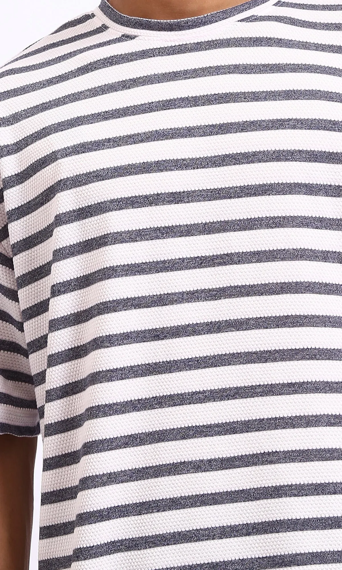 R208451 - Round Neck Striped Relaxed Tee - Dark Grey & White