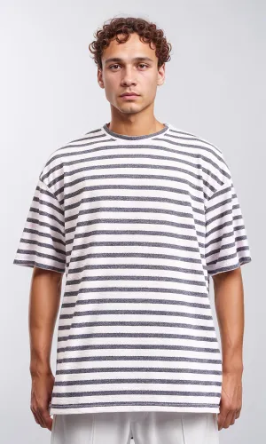 R208451 - Round Neck Striped Relaxed Tee - Dark Grey & White