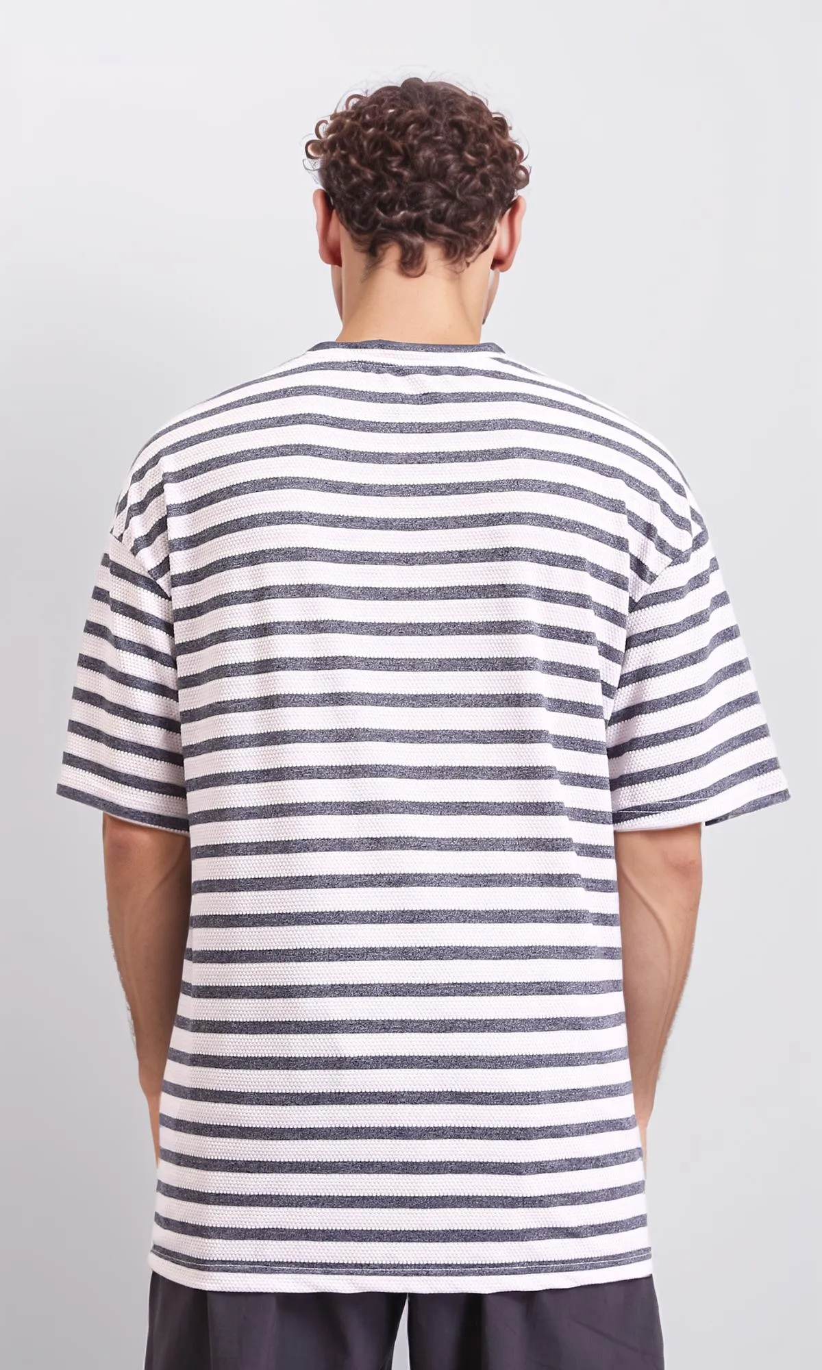 R208451 - Round Neck Striped Relaxed Tee - Dark Grey & White