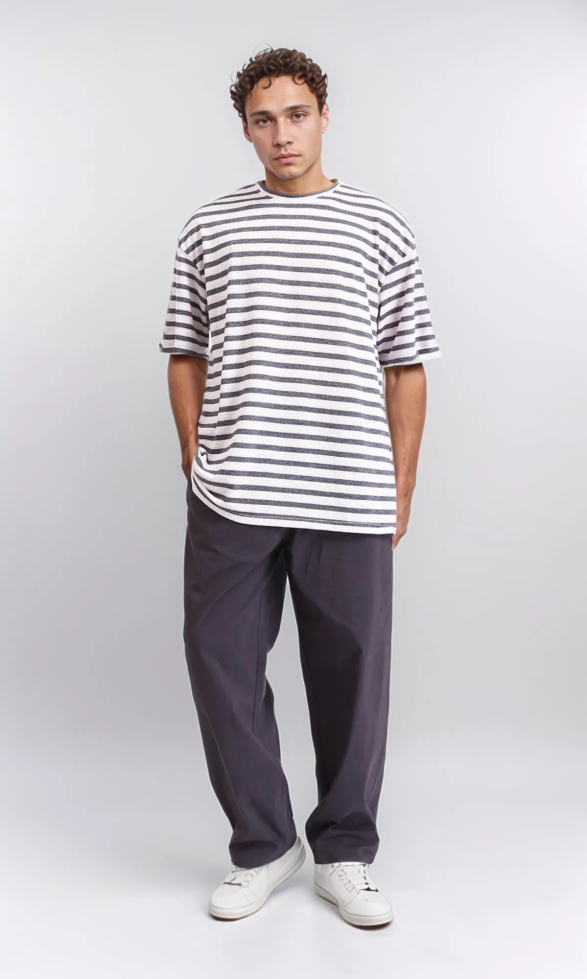 R208451 - Round Neck Striped Relaxed Tee - Dark Grey & White