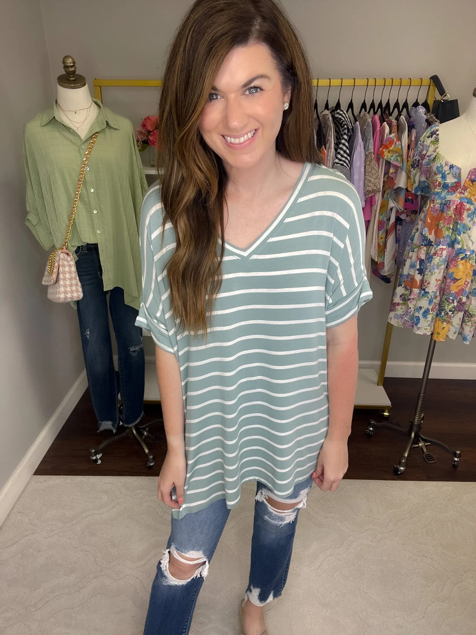 SALE! Gracie Striped Tee in Heather Gray and Light Green