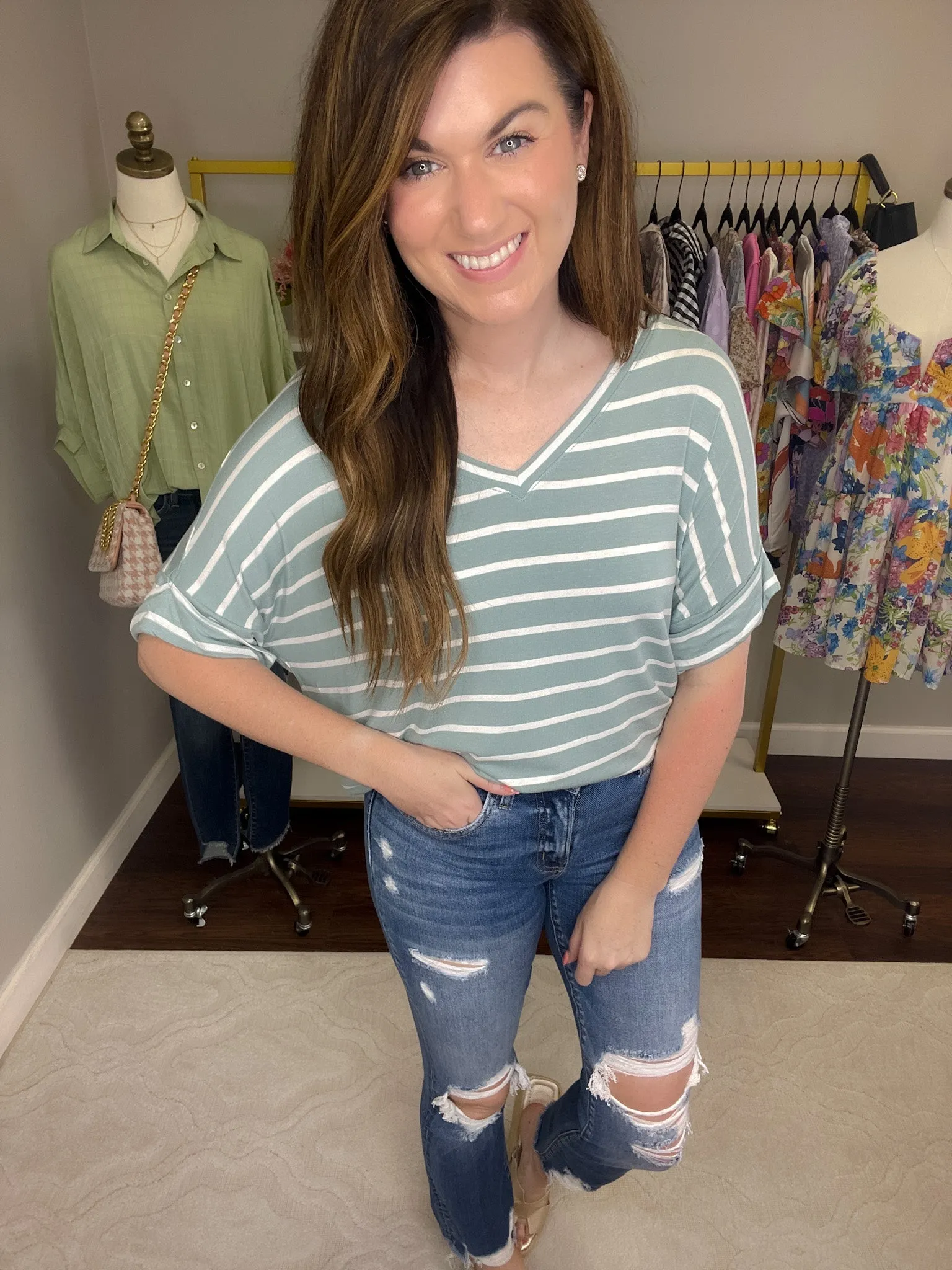 SALE! Gracie Striped Tee in Heather Gray and Light Green