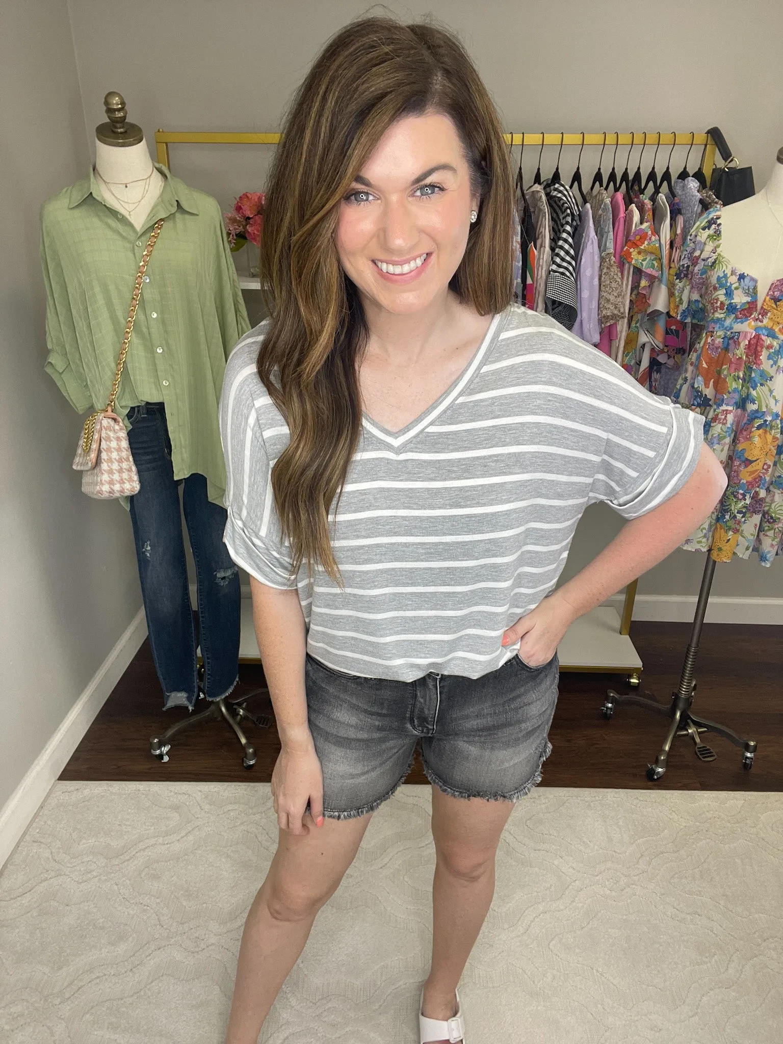 SALE! Gracie Striped Tee in Heather Gray and Light Green
