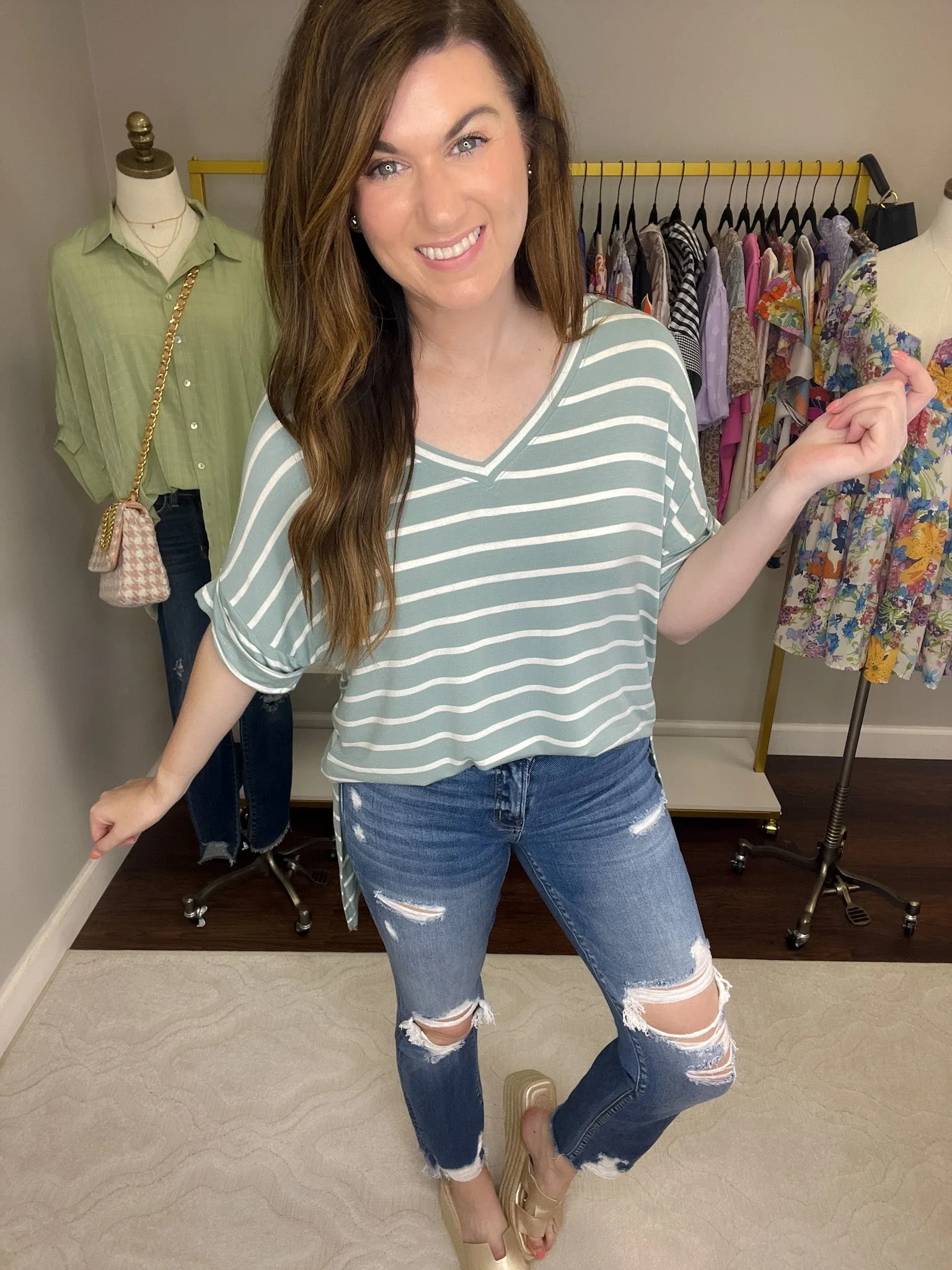 SALE! Gracie Striped Tee in Heather Gray and Light Green