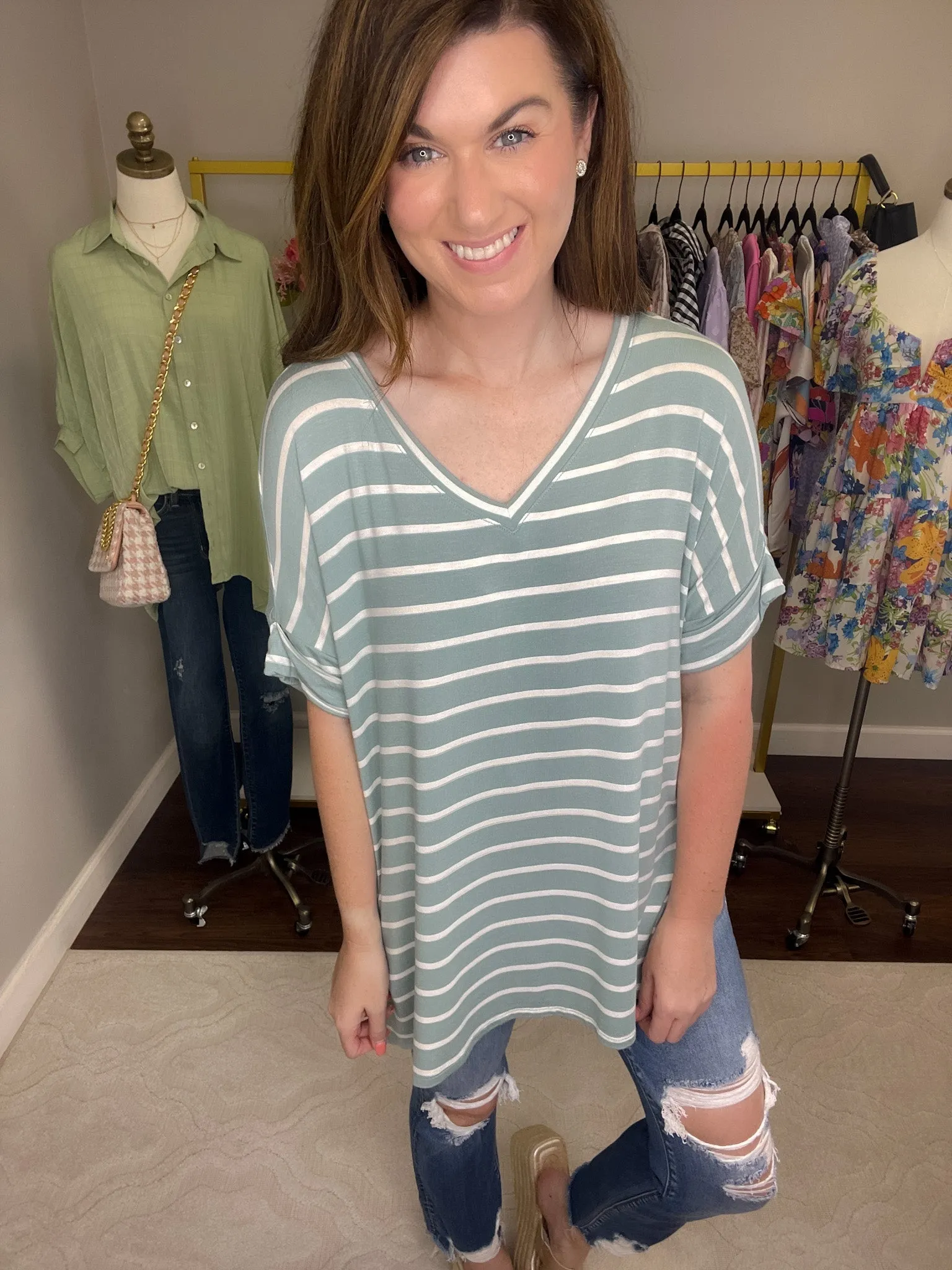 SALE! Gracie Striped Tee in Heather Gray and Light Green
