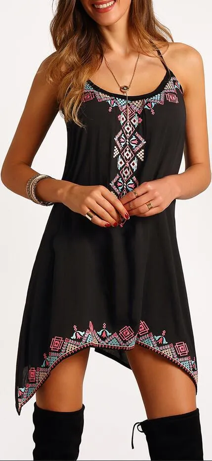 Sexy Spaghetti Strap Print Loose Short Dress