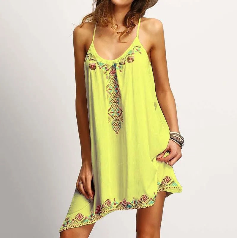 Sexy Spaghetti Strap Print Loose Short Dress