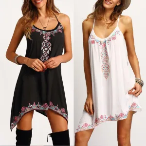 Sexy Spaghetti Strap Print Loose Short Dress