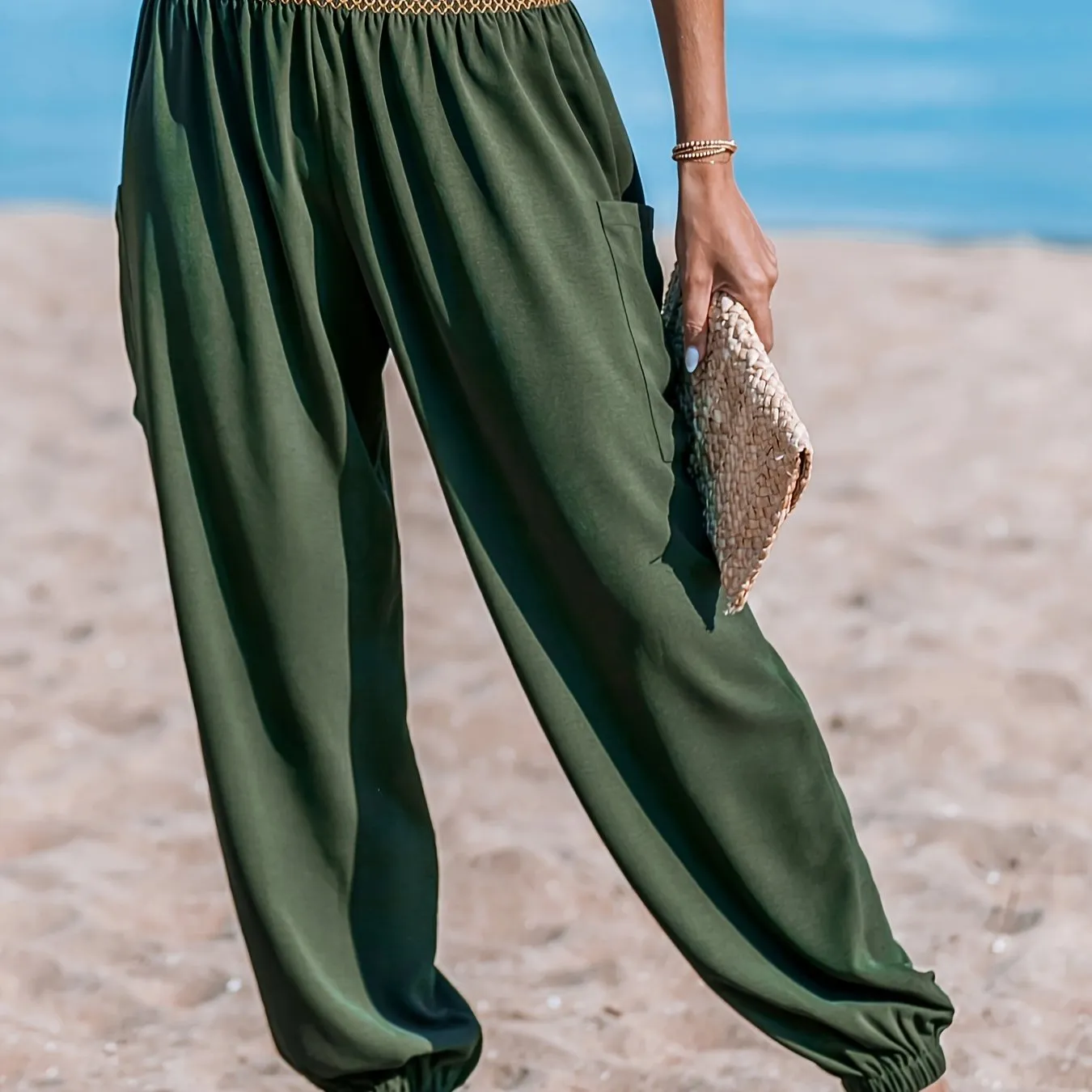 Shirred Waist Fitted Bottom Joggers, Casual Sporty Pants For Spring & Summer, Women's Clothing