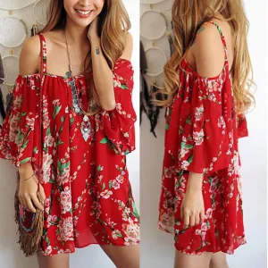 Spaghetti Strap Print Off Shoulder Short Sleeve Short Dress