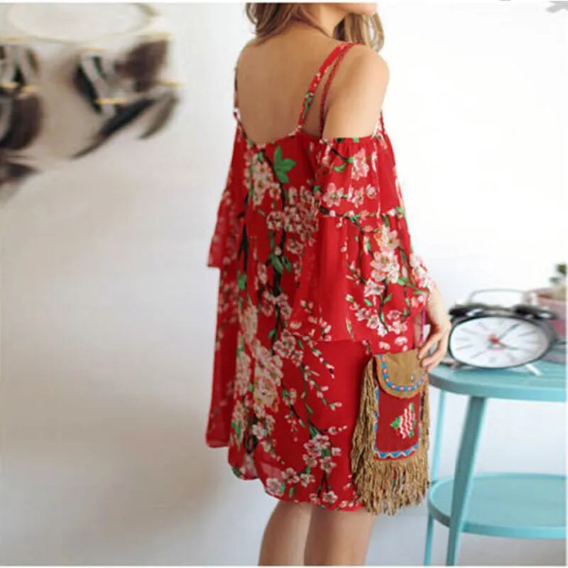 Spaghetti Strap Print Off Shoulder Short Sleeve Short Dress