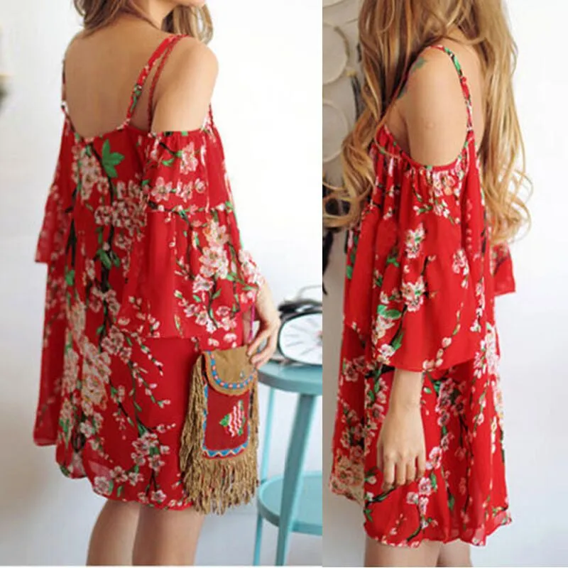 Spaghetti Strap Print Off Shoulder Short Sleeve Short Dress