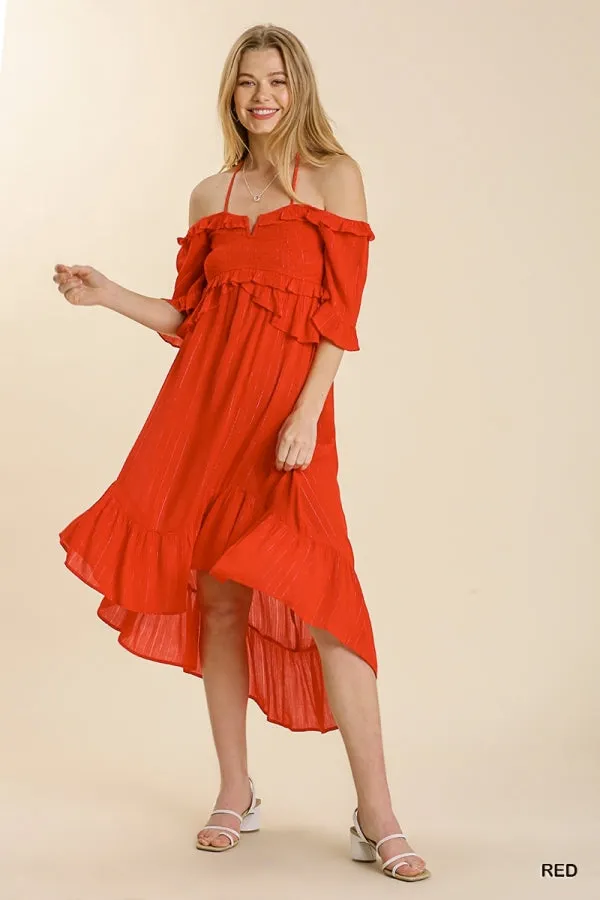 Striped Metallic Print Off Shoulder Back Tie Smocked Detail Dress