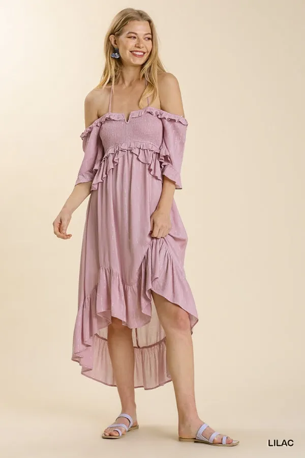Striped Metallic Print Off Shoulder Back Tie Smocked Detail Dress