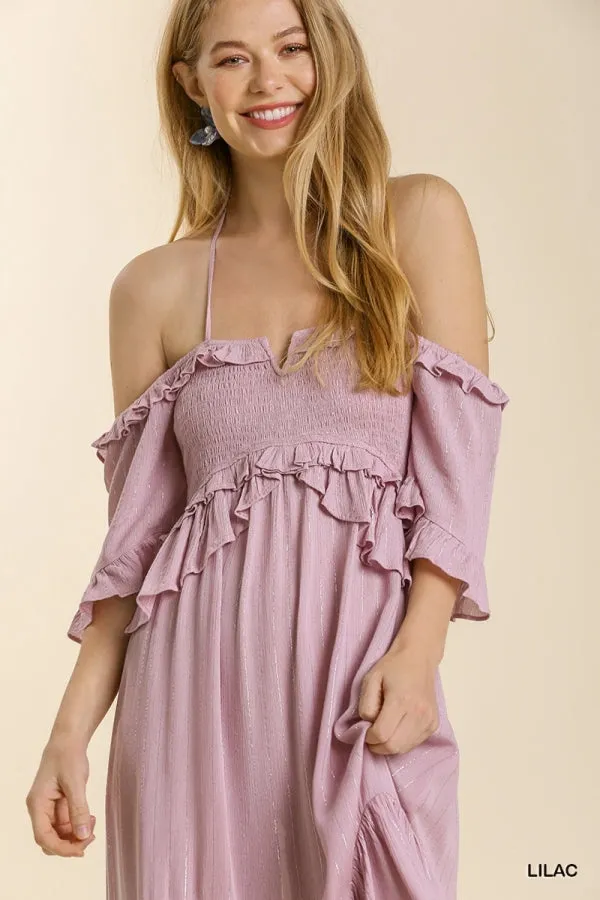Striped Metallic Print Off Shoulder Back Tie Smocked Detail Dress