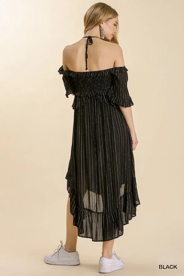 Striped Metallic Print Off Shoulder Back Tie Smocked Detail Dress