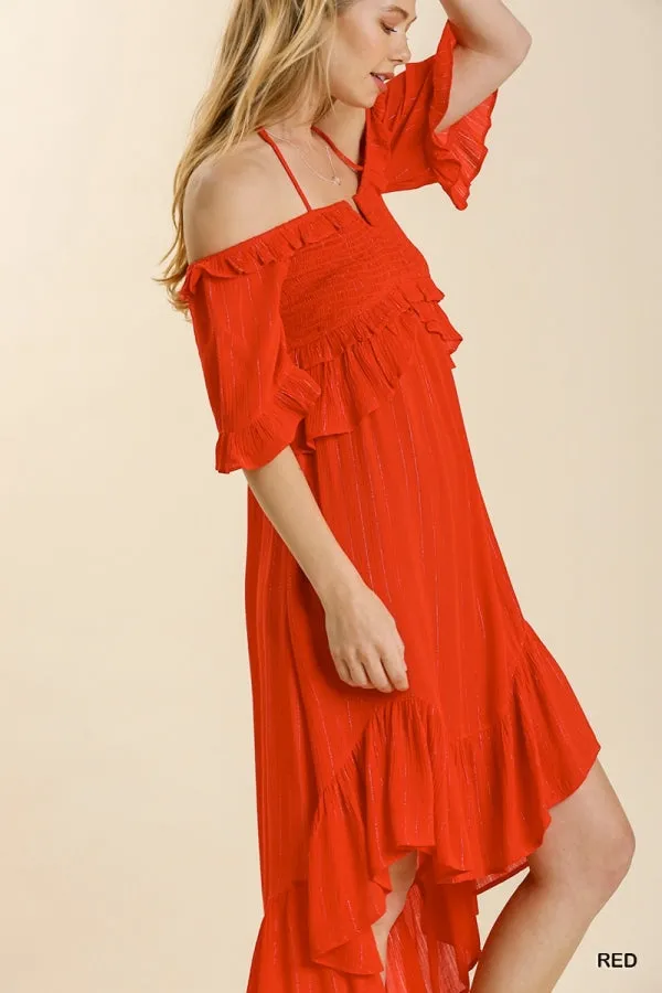 Striped Metallic Print Off Shoulder Back Tie Smocked Detail Dress