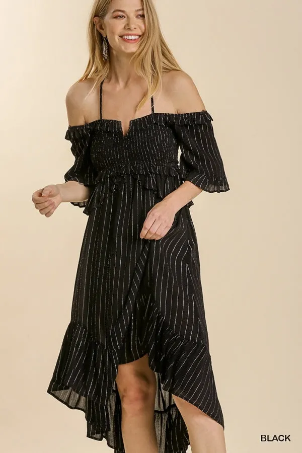 Striped Metallic Print Off Shoulder Back Tie Smocked Detail Dress