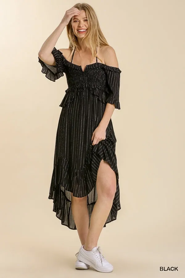 Striped Metallic Print Off Shoulder Back Tie Smocked Detail Dress