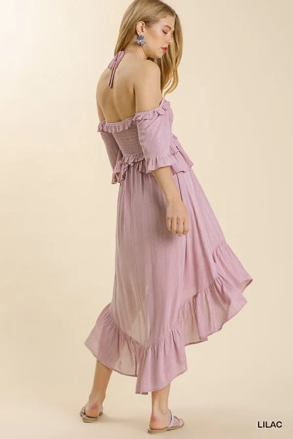 Striped Metallic Print Off Shoulder Back Tie Smocked Detail Dress