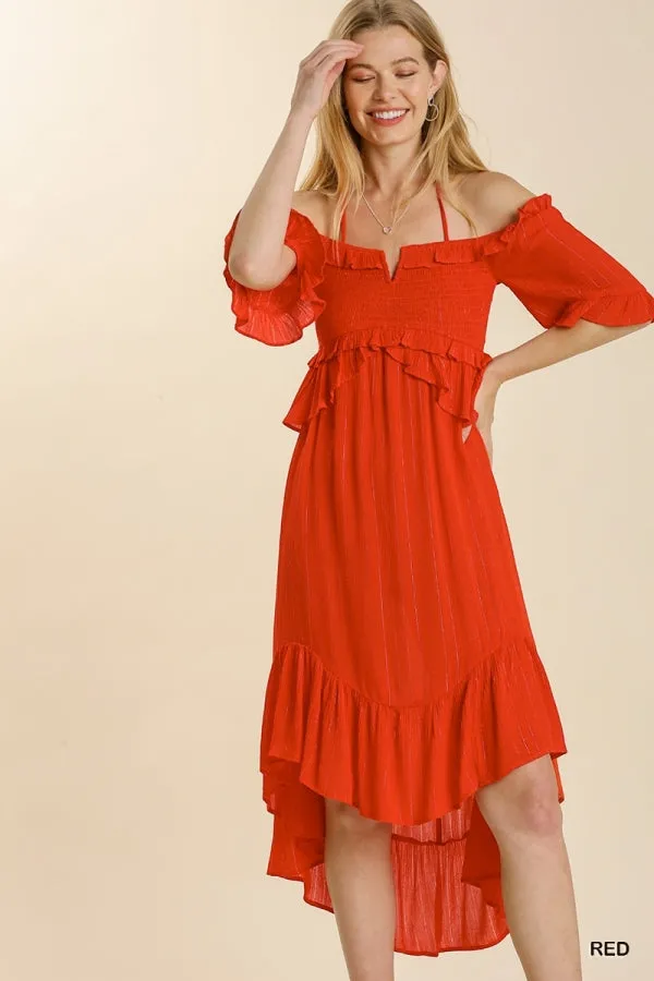 Striped Metallic Print Off Shoulder Back Tie Smocked Detail Dress