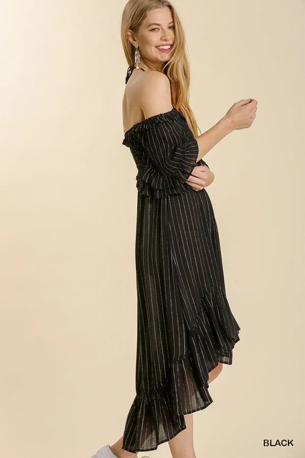 Striped Metallic Print Off Shoulder Back Tie Smocked Detail Dress