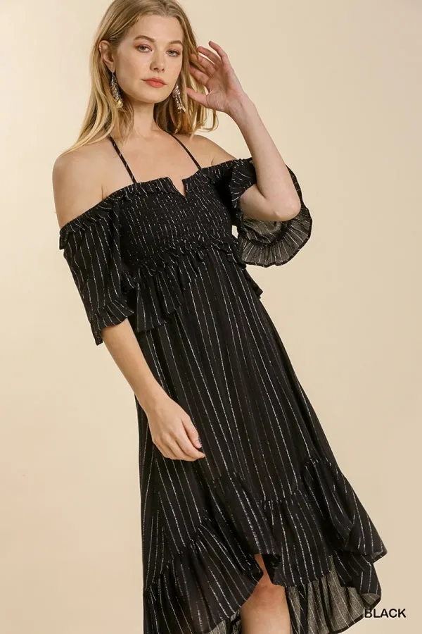 Striped Metallic Print Off Shoulder Back Tie Smocked Detail Dress
