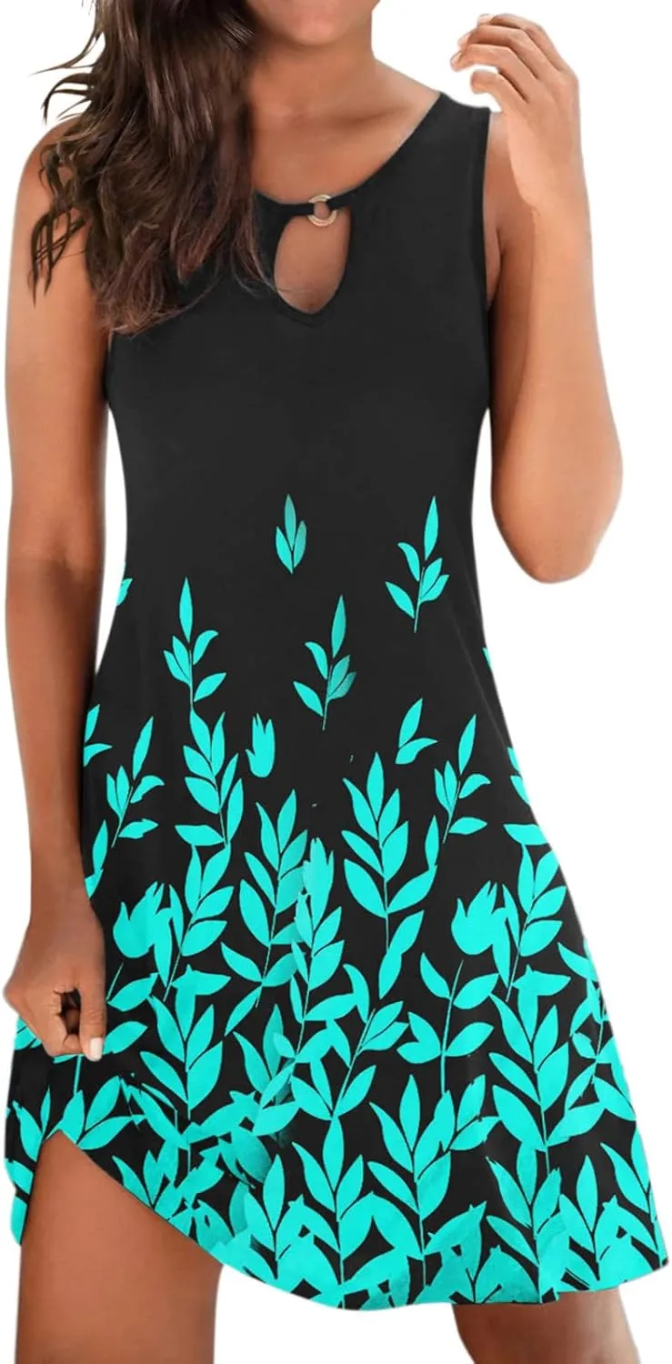 Summer Dresses for Women Beach Boho Sleeveless Vintage Floral Flowy Pocket Tshirt Tank Sundresses Beach Cover Up Dress with Pockets E-Green, 3X-Large