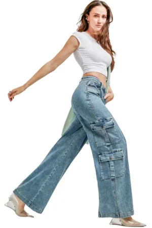 Tractr Jeans, High Waisted Double Cargo Wide Leg Denim