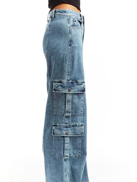 Tractr Jeans, High Waisted Double Cargo Wide Leg Denim