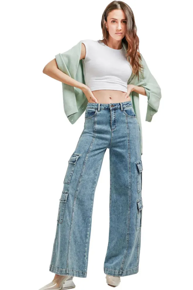 Tractr Jeans, High Waisted Double Cargo Wide Leg Denim