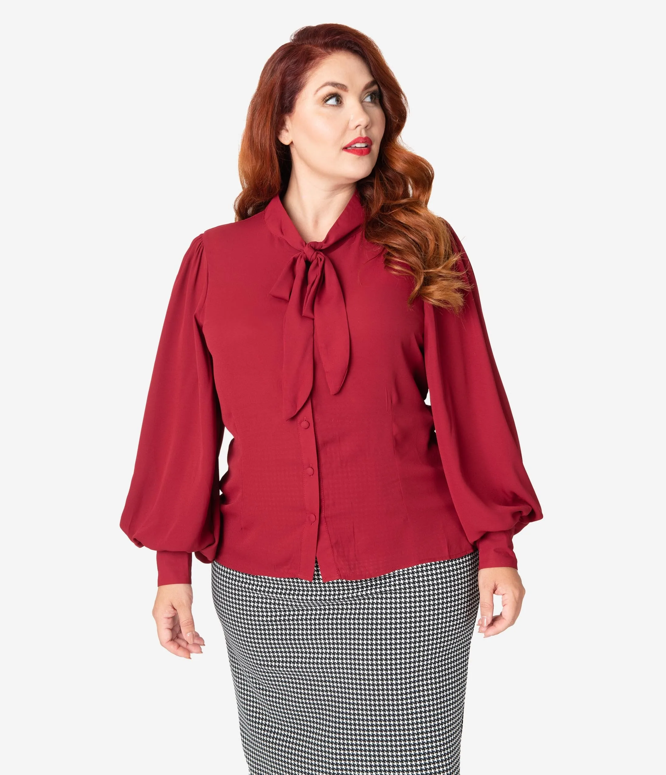 Unique Vintage Plus Size Burgundy Crepe Neck Tie Gwen Blouse