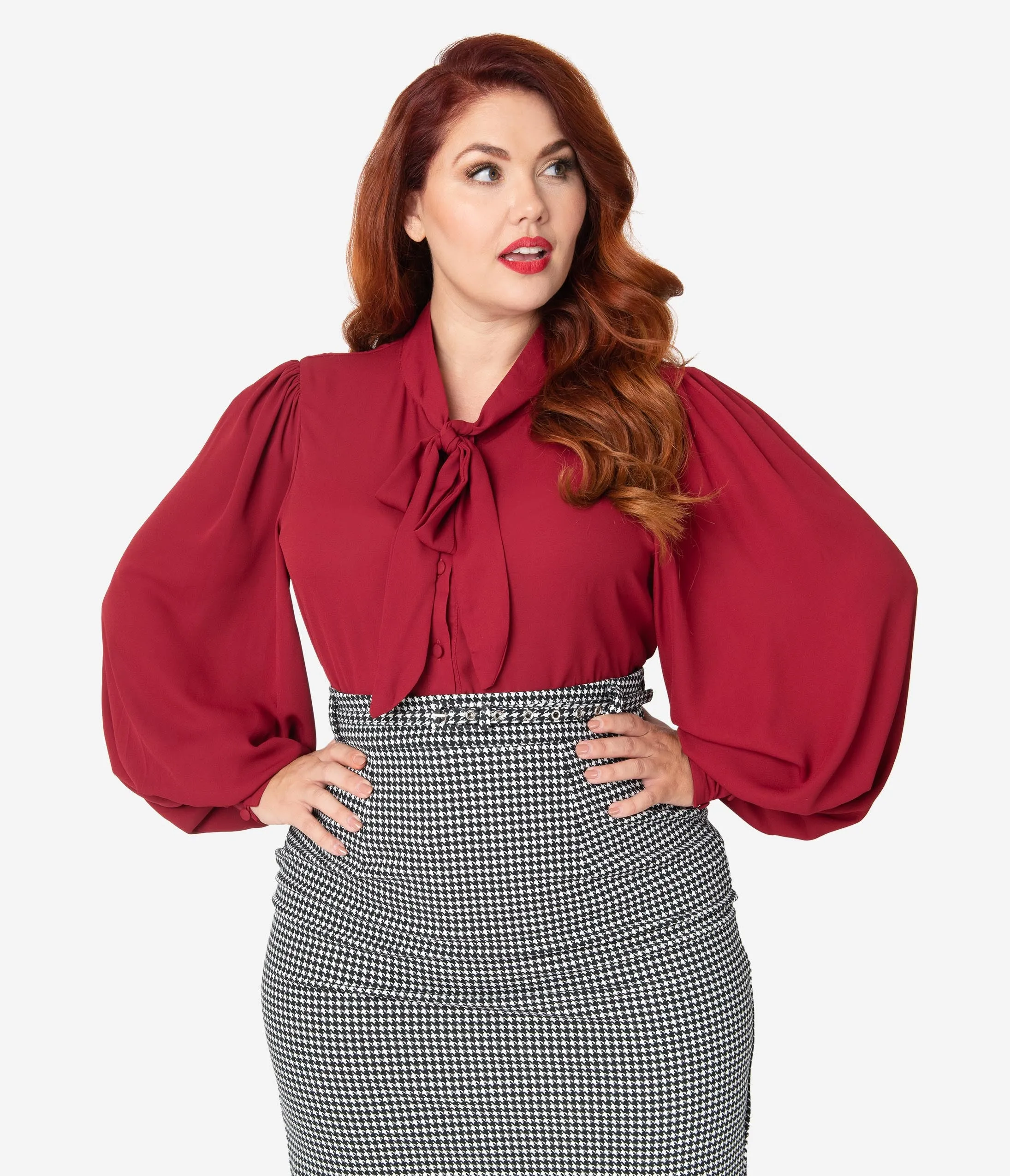 Unique Vintage Plus Size Burgundy Crepe Neck Tie Gwen Blouse