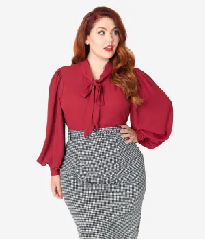 Unique Vintage Plus Size Burgundy Crepe Neck Tie Gwen Blouse