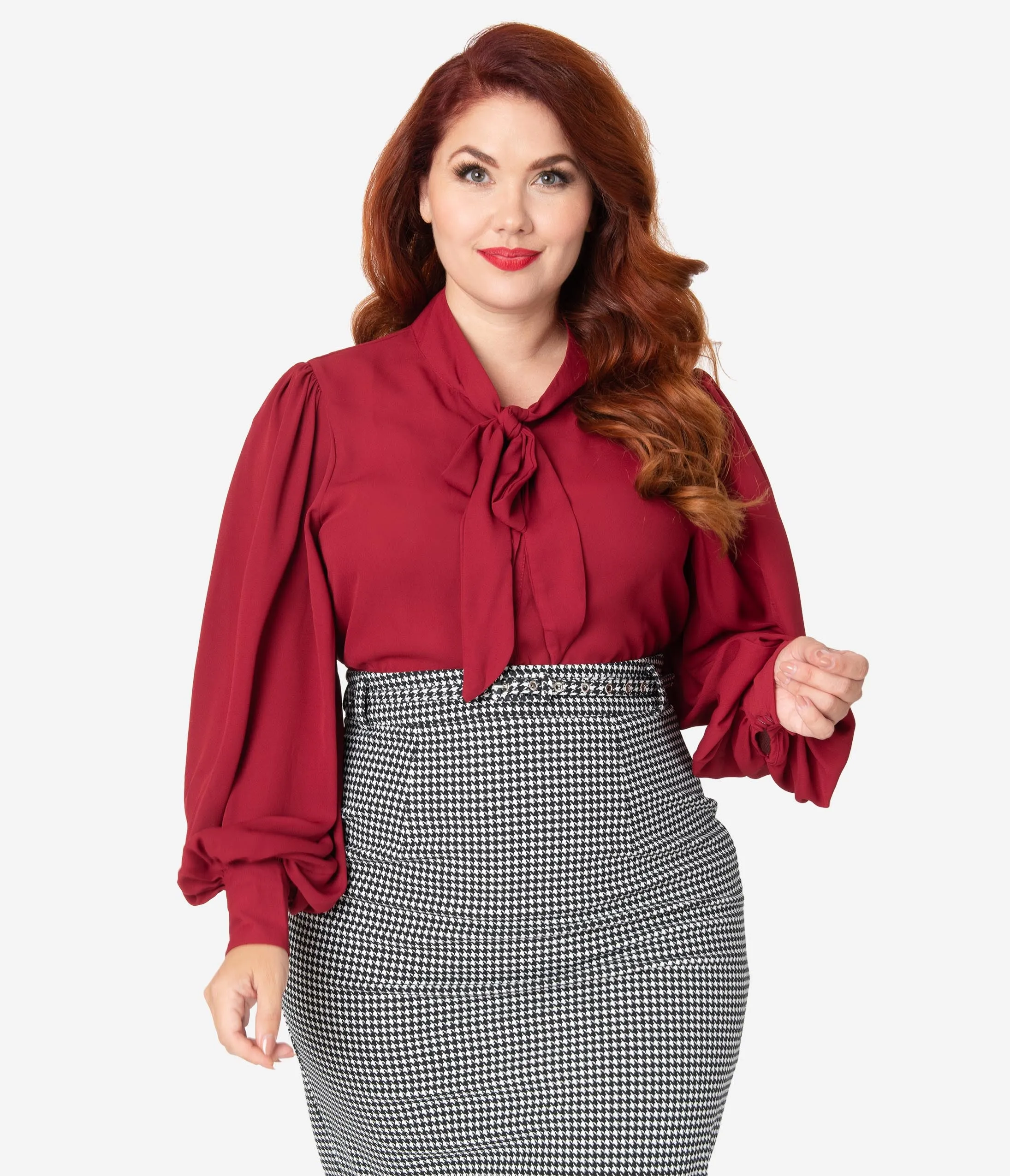 Unique Vintage Plus Size Burgundy Crepe Neck Tie Gwen Blouse