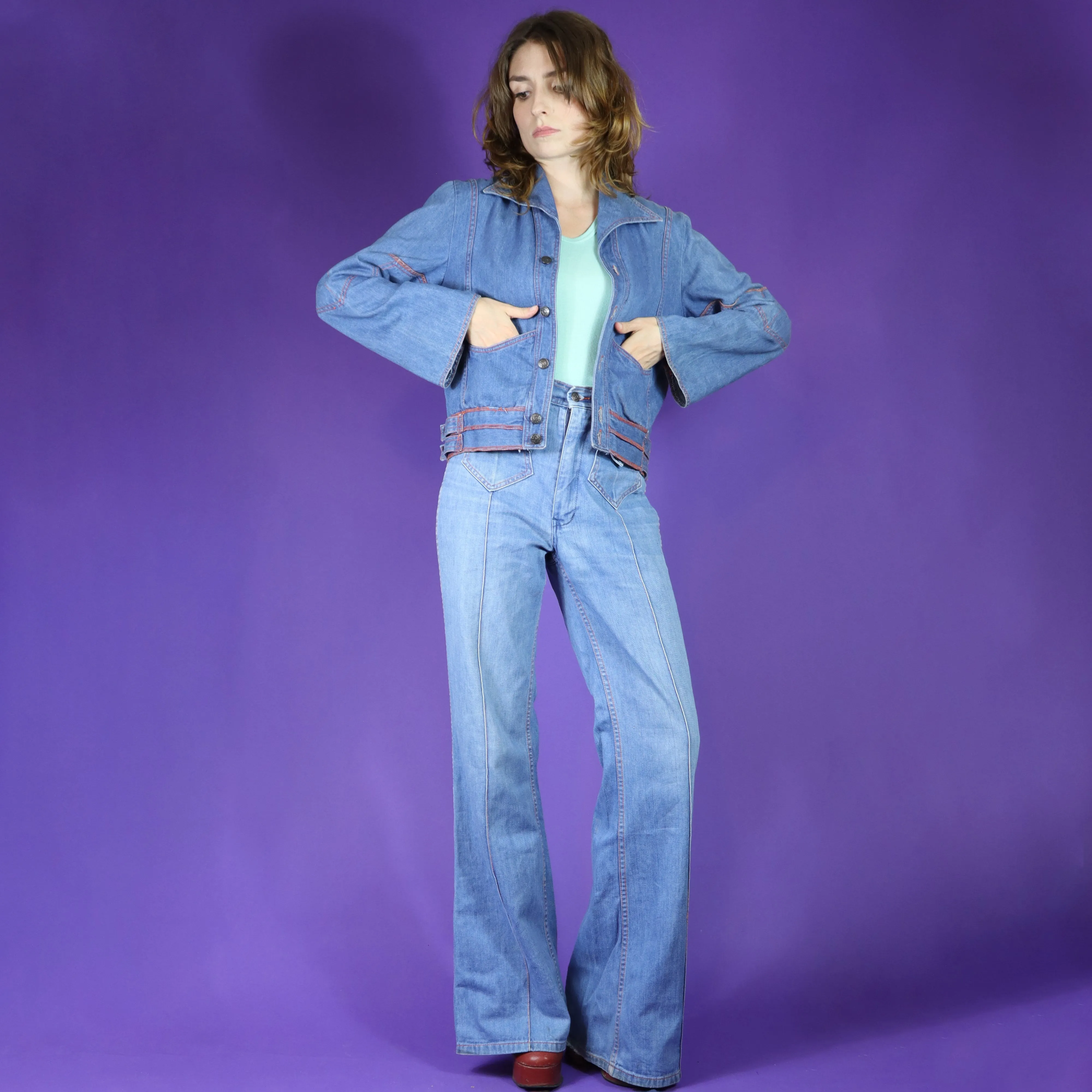 Vintage 1970s Faded Glory Appliqué Denim Suit