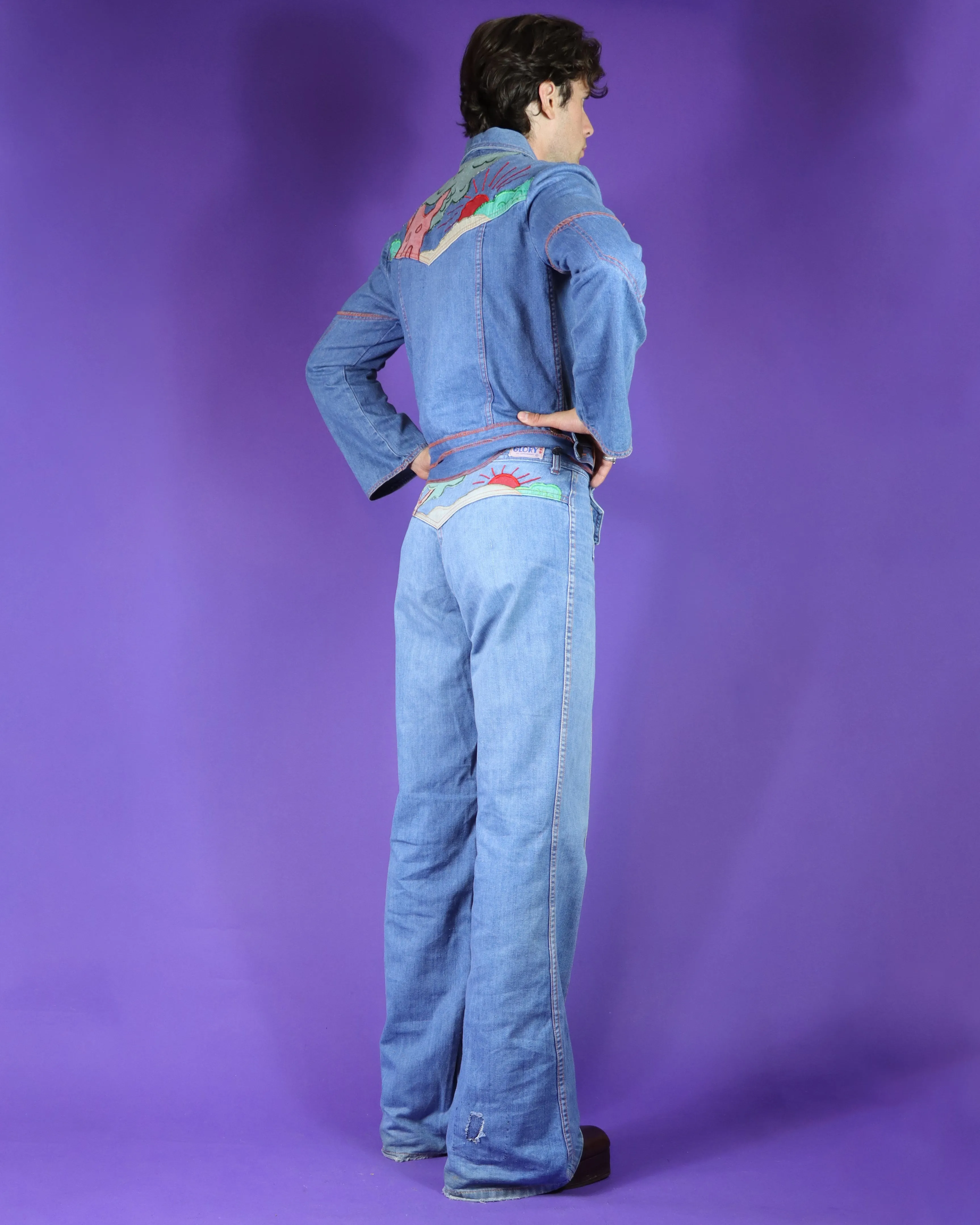 Vintage 1970s Faded Glory Appliqué Denim Suit
