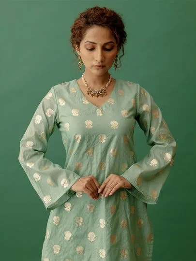Women Banarasi Silk Vneck Straight Fit Suit Set Mintgreen