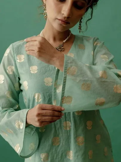 Women Banarasi Silk Vneck Straight Fit Suit Set Mintgreen