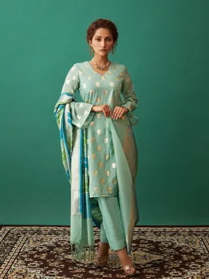 Women Banarasi Silk Vneck Straight Fit Suit Set Mintgreen