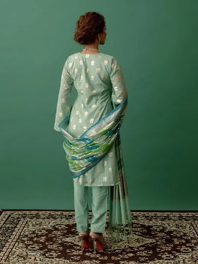 Women Banarasi Silk Vneck Straight Fit Suit Set Mintgreen
