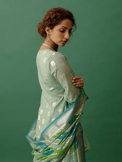Women Banarasi Silk Vneck Straight Fit Suit Set Mintgreen