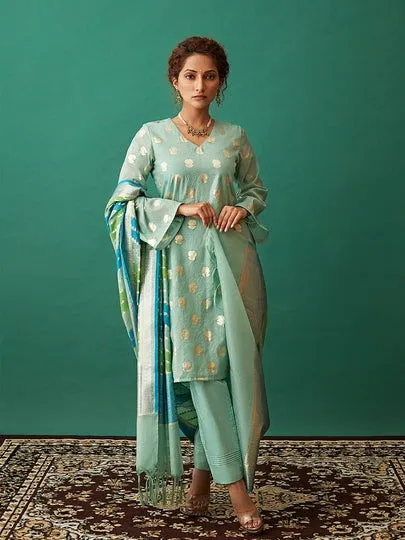 Women Banarasi Silk Vneck Straight Fit Suit Set Mintgreen