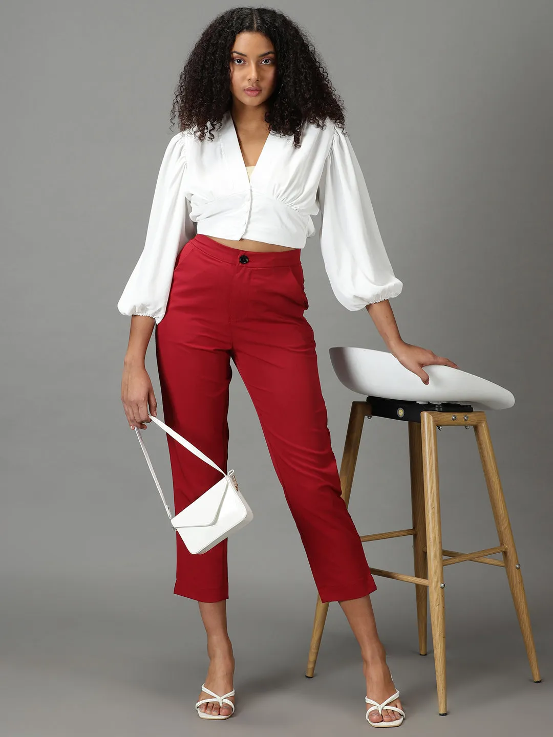 Women Maroon Mom Fit Cotton Formal Trousers