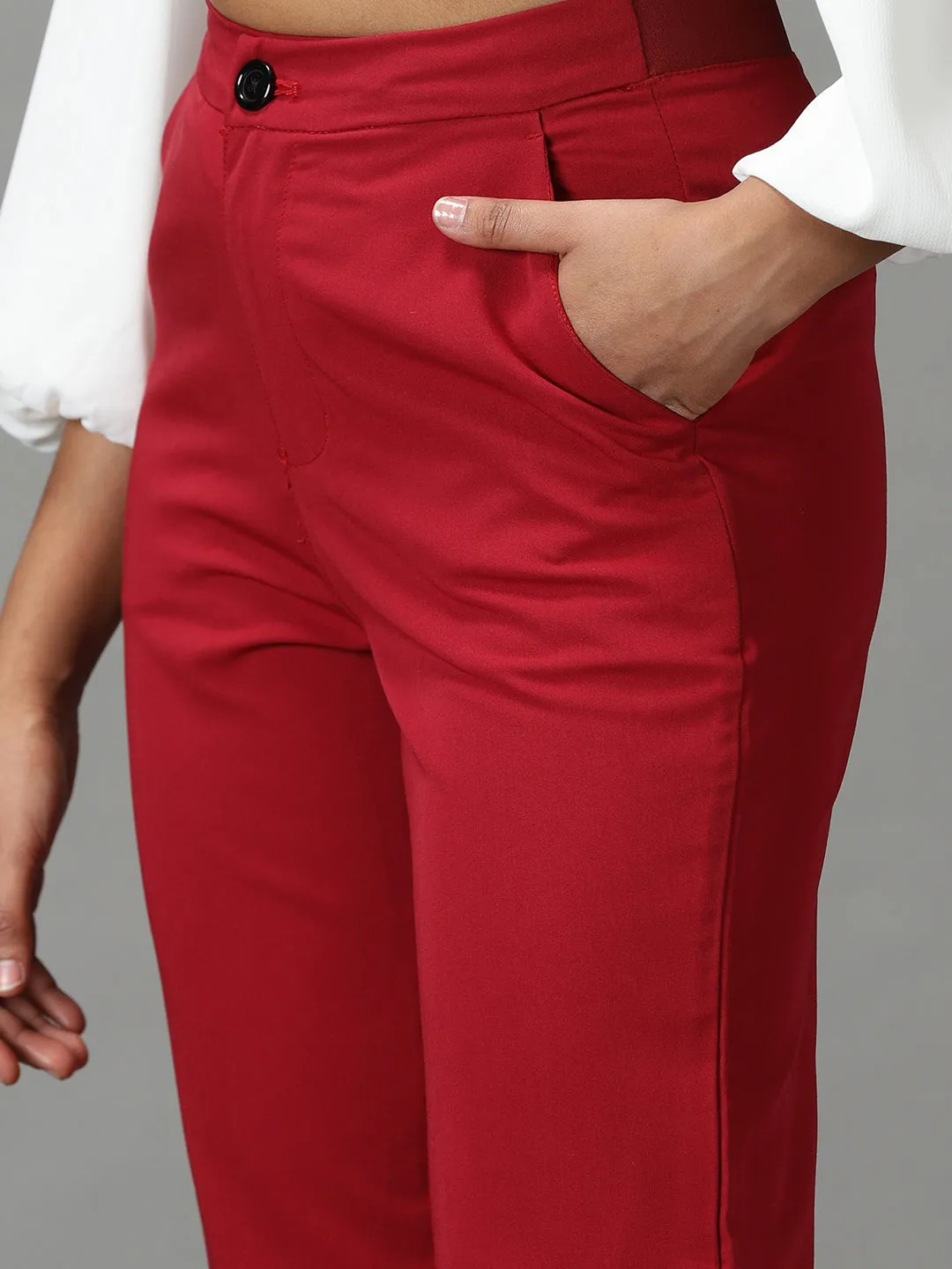 Women Maroon Mom Fit Cotton Formal Trousers