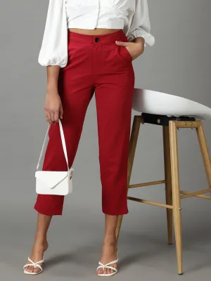 Women Maroon Mom Fit Cotton Formal Trousers