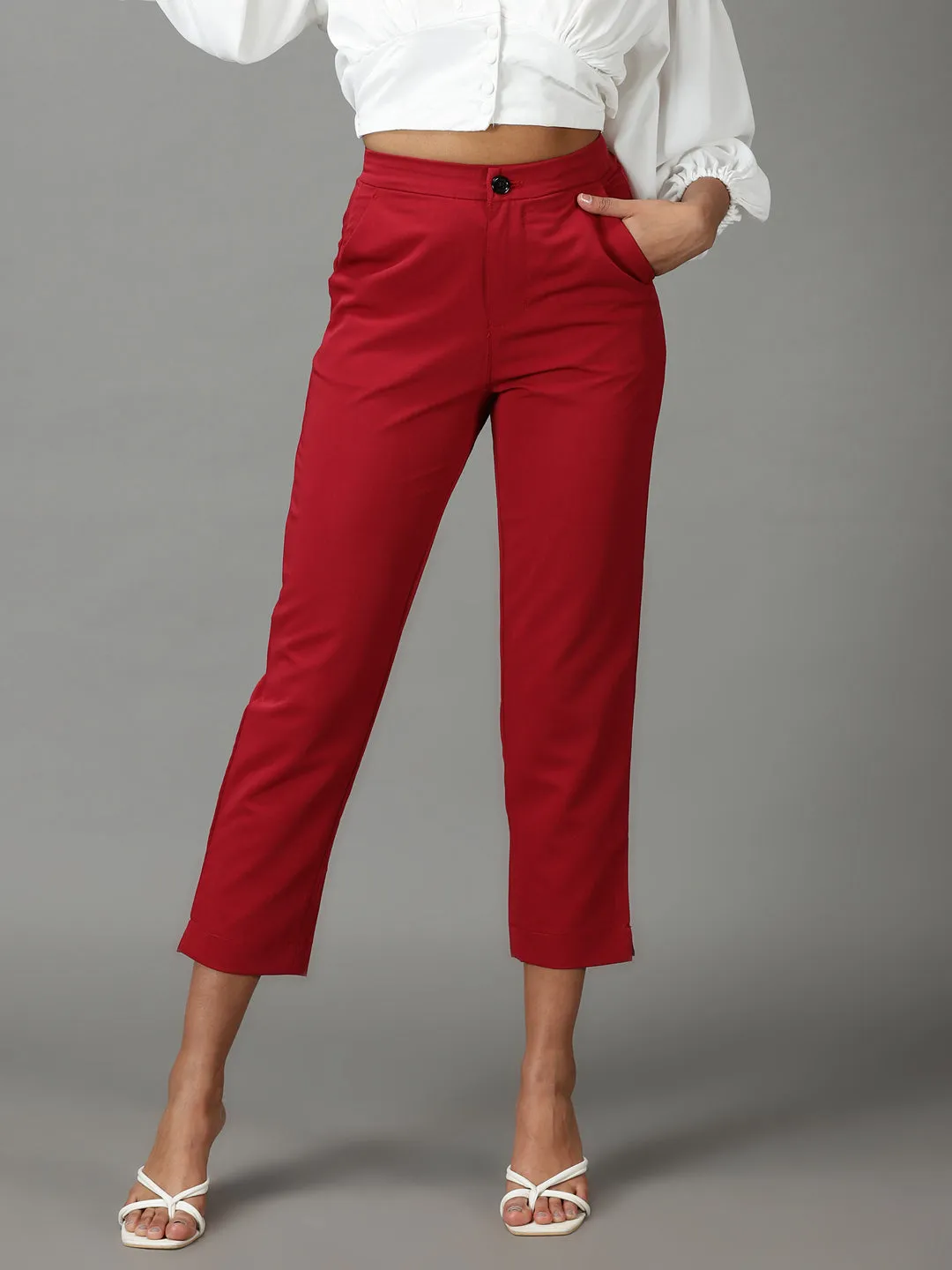 Women Maroon Mom Fit Cotton Formal Trousers
