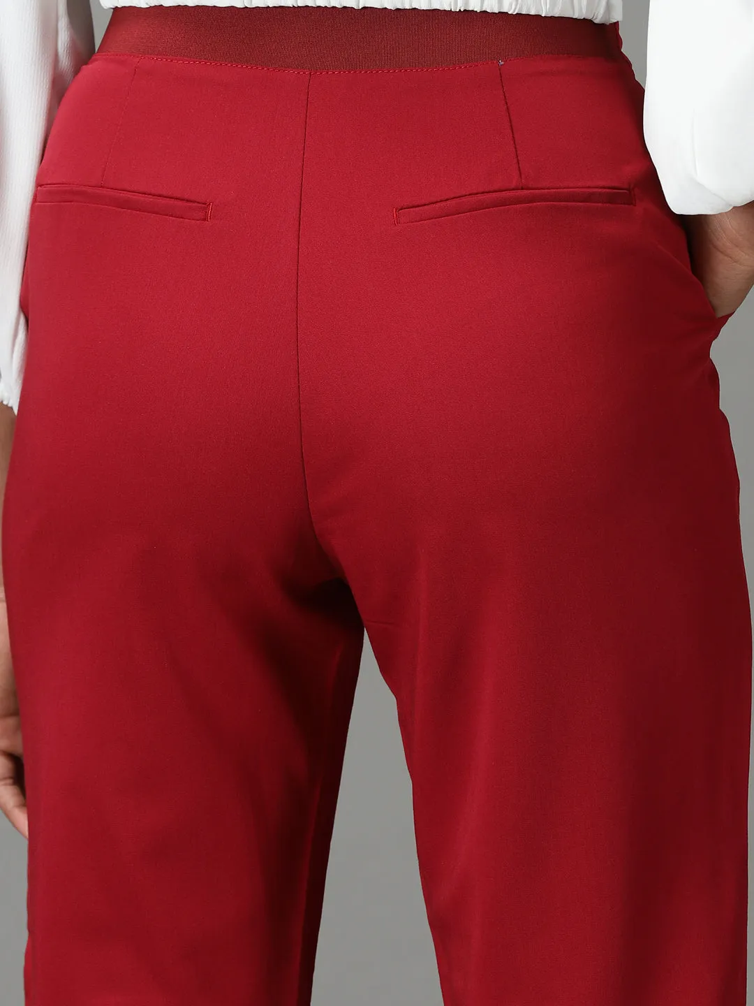 Women Maroon Mom Fit Cotton Formal Trousers