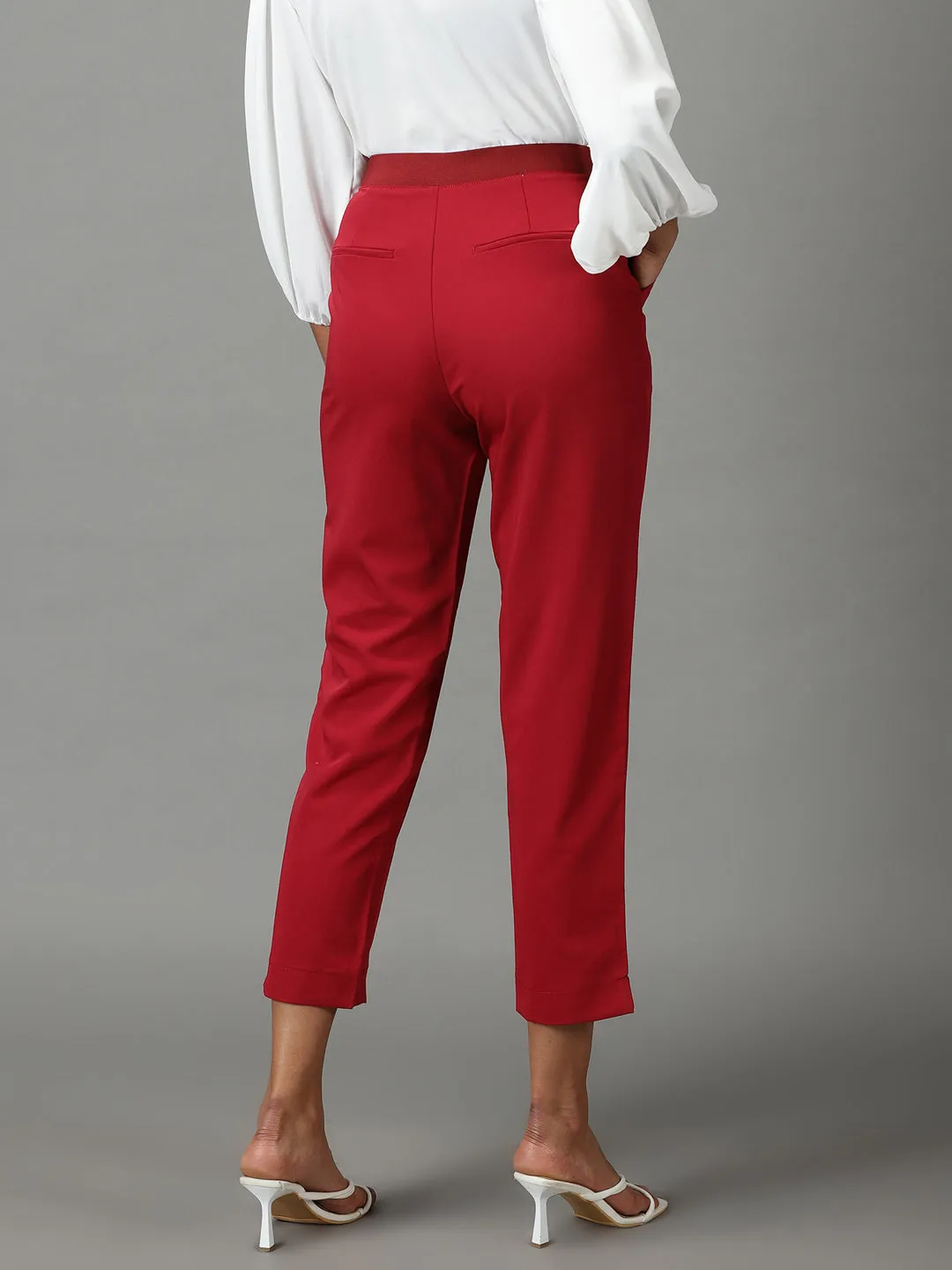 Women Maroon Mom Fit Cotton Formal Trousers