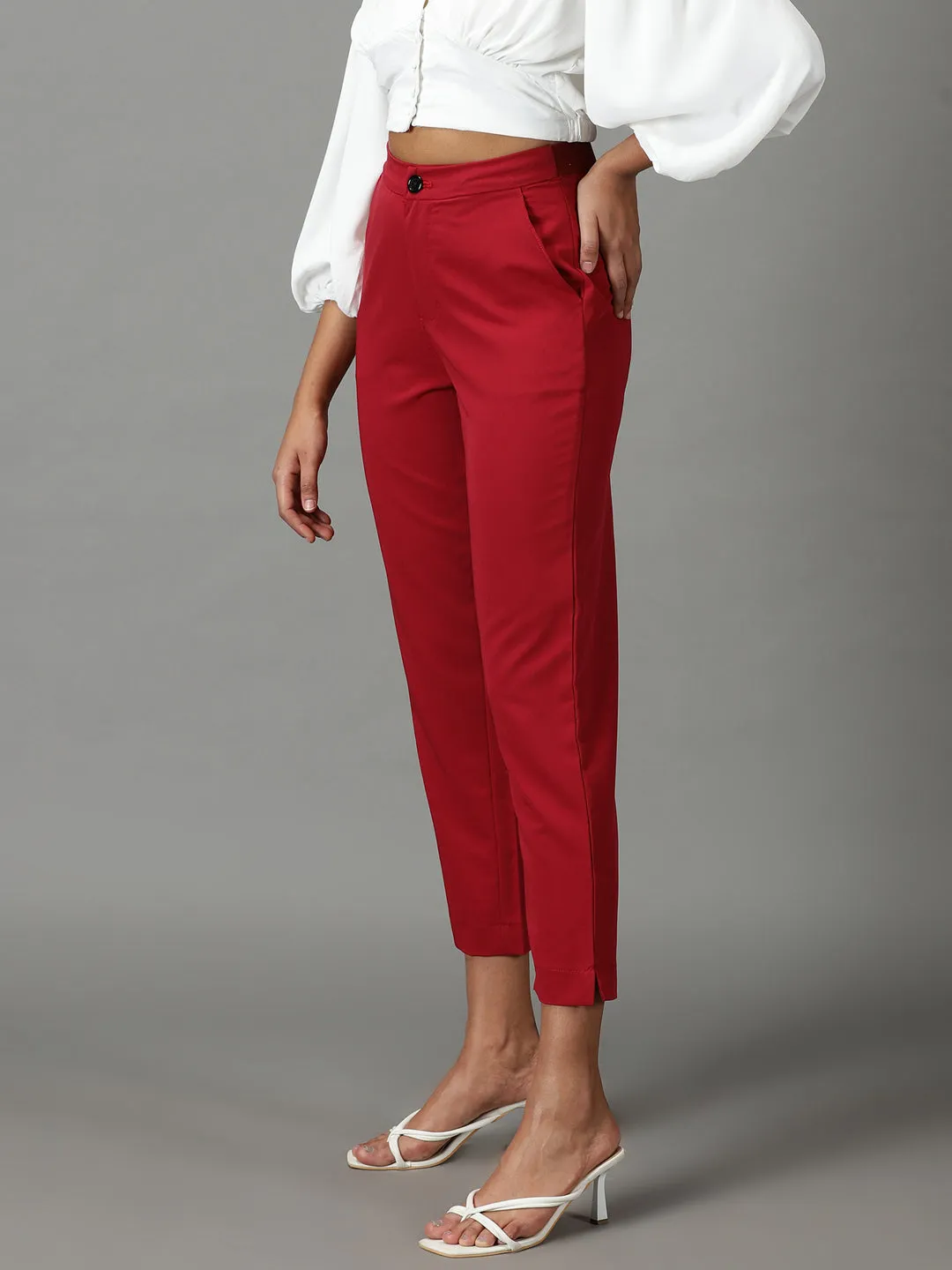 Women Maroon Mom Fit Cotton Formal Trousers